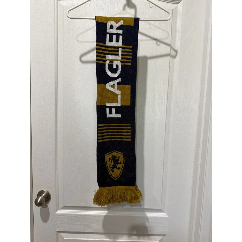 Flagler College Scarf Navy Blue Gold Knit Lion Crest Collegiate Fringe Scarf